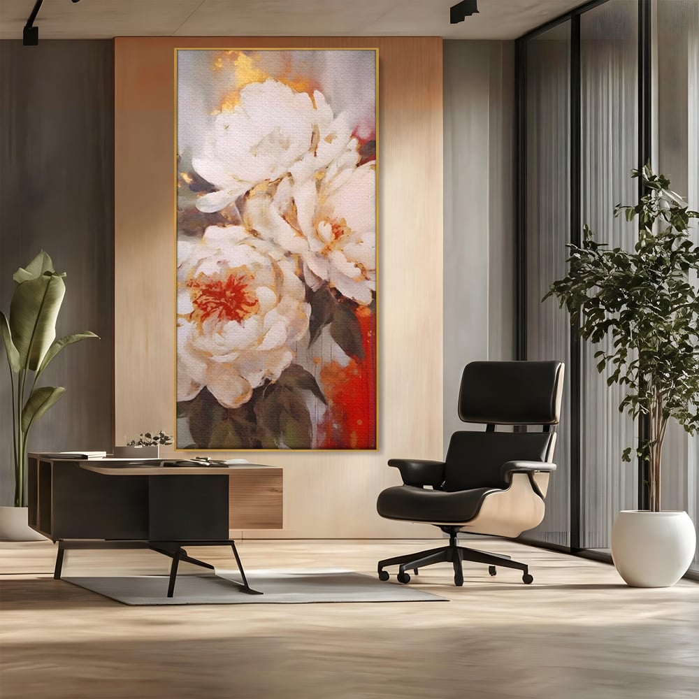 Tablou Canvas Premium LuxCanva® A1471, Textura Florala ,  Room, Planta, Bujor, Alb, Natura, Dormitor, Culori Vibrante