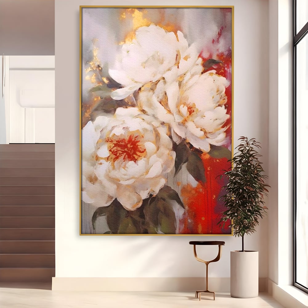 Tablou Canvas Premium LuxCanva® A1471, Textura Florala ,  Room, Planta, Bujor, Alb, Natura, Dormitor, Culori Vibrante