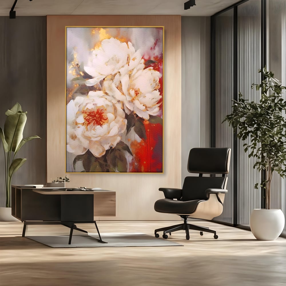Tablou Canvas Premium LuxCanva® A1471, Textura Florala ,  Room, Planta, Bujor, Alb, Natura, Dormitor, Culori Vibrante