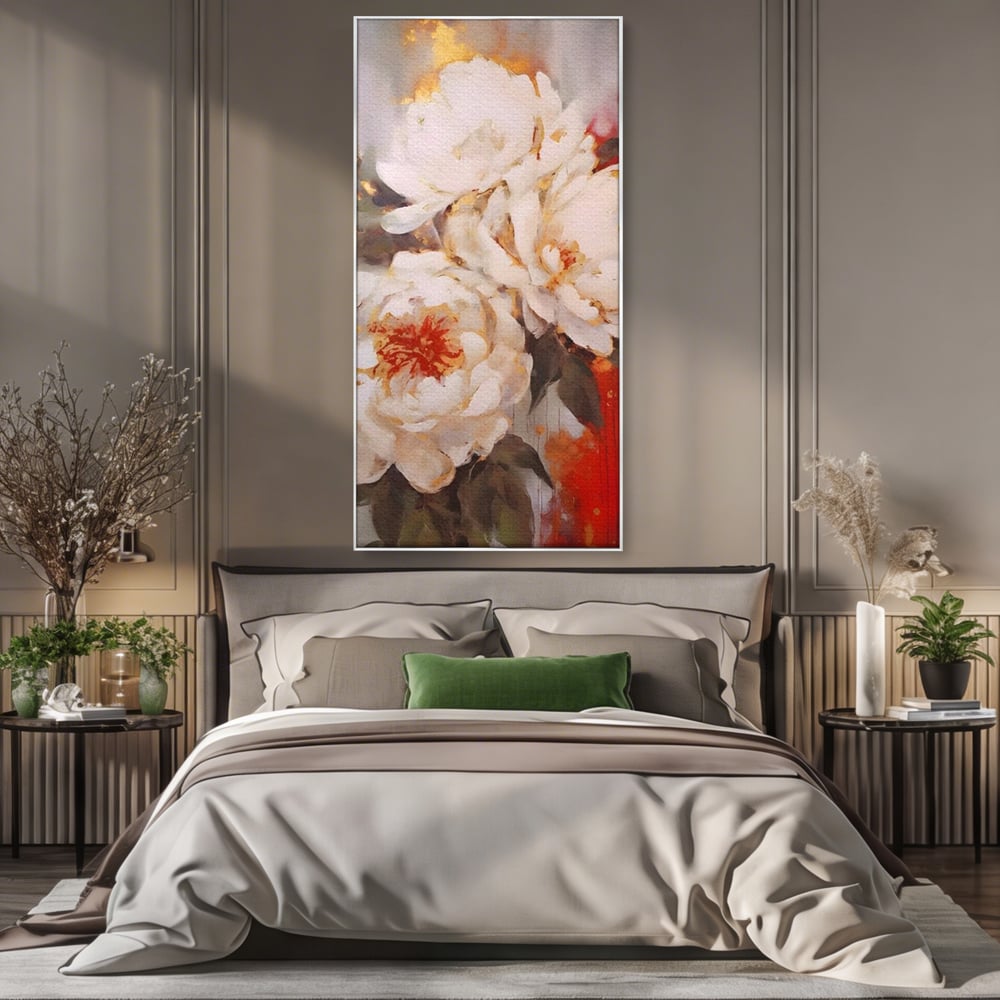 Tablou Canvas Premium LuxCanva® A1471, Textura Florala ,  Room, Planta, Bujor, Alb, Natura, Dormitor, Culori Vibrante