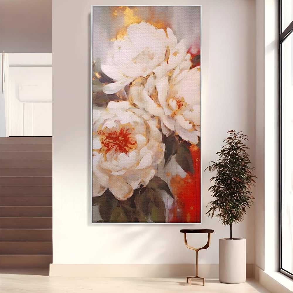 Tablou Canvas Premium LuxCanva® A1471, Textura Florala ,  Room, Planta, Bujor, Alb, Natura, Dormitor, Culori Vibrante