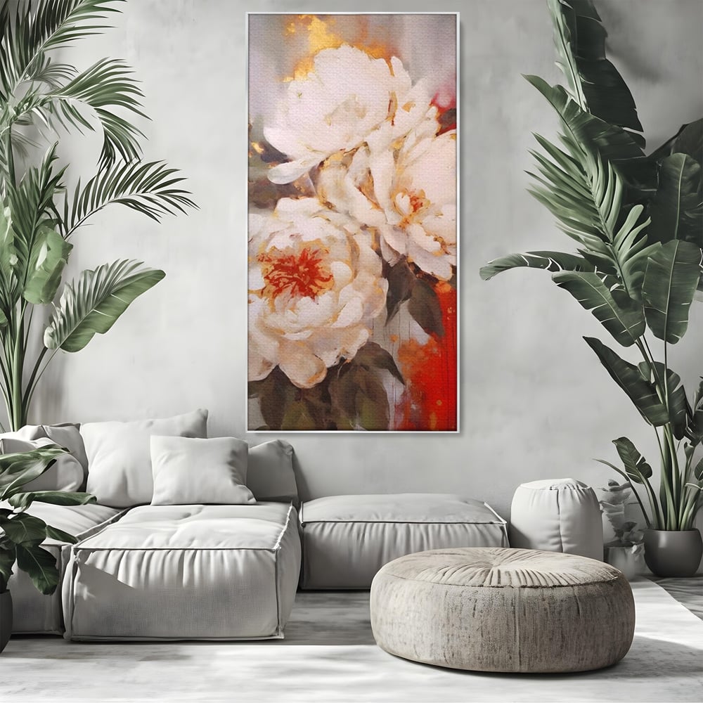 Tablou Canvas Premium LuxCanva® A1471, Textura Florala ,  Room, Planta, Bujor, Alb, Natura, Dormitor, Culori Vibrante