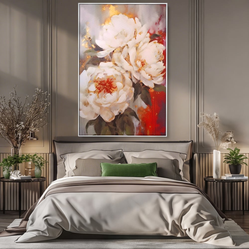 Tablou Canvas Premium LuxCanva® A1471, Textura Florala ,  Room, Planta, Bujor, Alb, Natura, Dormitor, Culori Vibrante