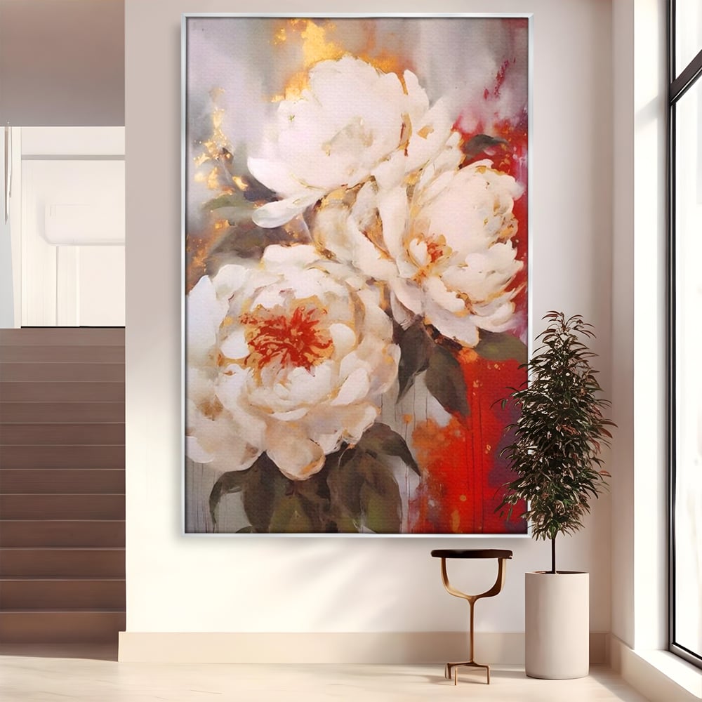 Tablou Canvas Premium LuxCanva® A1471, Textura Florala ,  Room, Planta, Bujor, Alb, Natura, Dormitor, Culori Vibrante