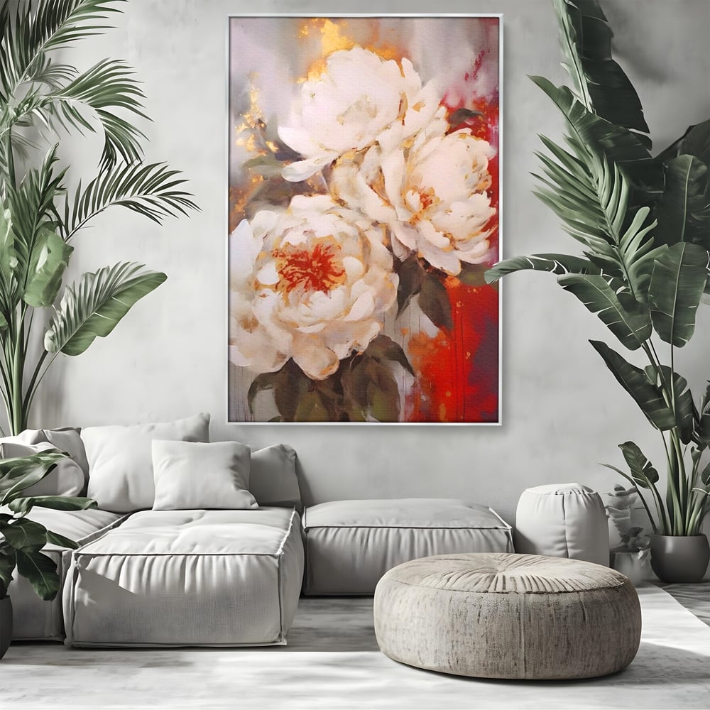 Tablou Canvas Premium LuxCanva® A1471, Textura Florala ,  Room, Planta, Bujor, Alb, Natura, Dormitor, Culori Vibrante