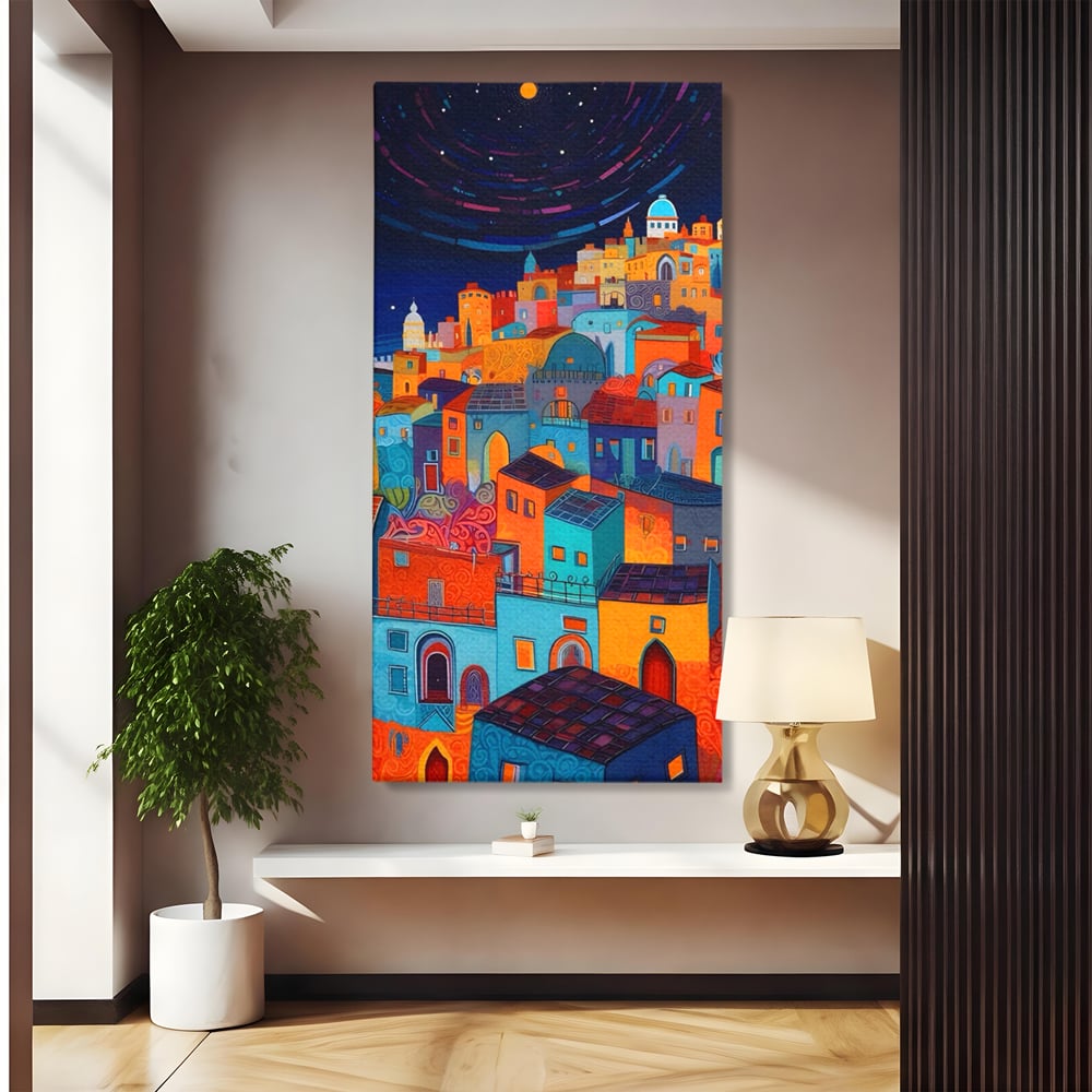Tablou Canvas Premium LuxCanva® A1473, Oras Suspendat , Room, Cladiri, Luna, Arhitectura, Dormitor, Culori Vibrante
