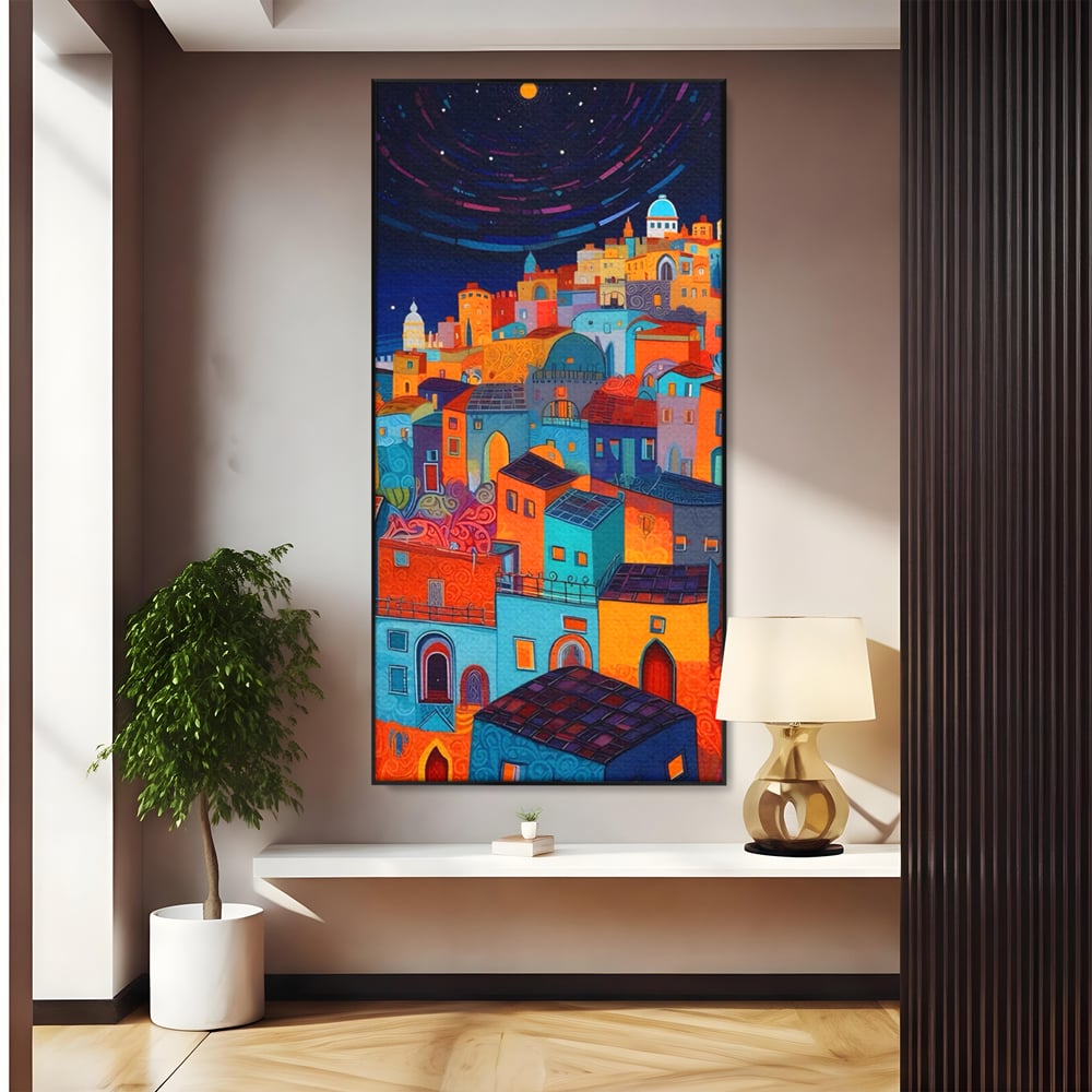 Tablou Canvas Premium LuxCanva® A1473, Oras Suspendat , Room, Cladiri, Luna, Arhitectura, Dormitor, Culori Vibrante