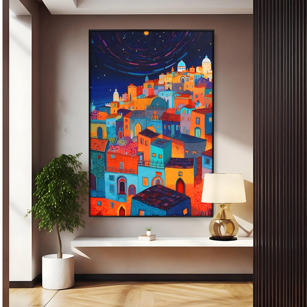 Tablou Canvas Premium LuxCanva® A1473, Oras Suspendat , Room, Cladiri, Luna, Arhitectura, Dormitor, Culori Vibrante