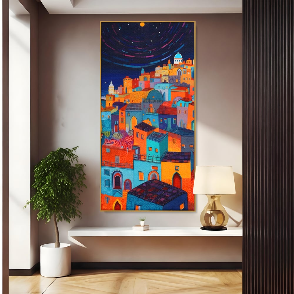 Tablou Canvas Premium LuxCanva® A1473, Oras Suspendat , Room, Cladiri, Luna, Arhitectura, Dormitor, Culori Vibrante