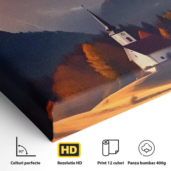 Tablou Canvas Premium LuxCanva® A1474, Biserica In Natura , Room, Padure, Campie, Apus, Liniste, Dormitor, Culori Vibrante