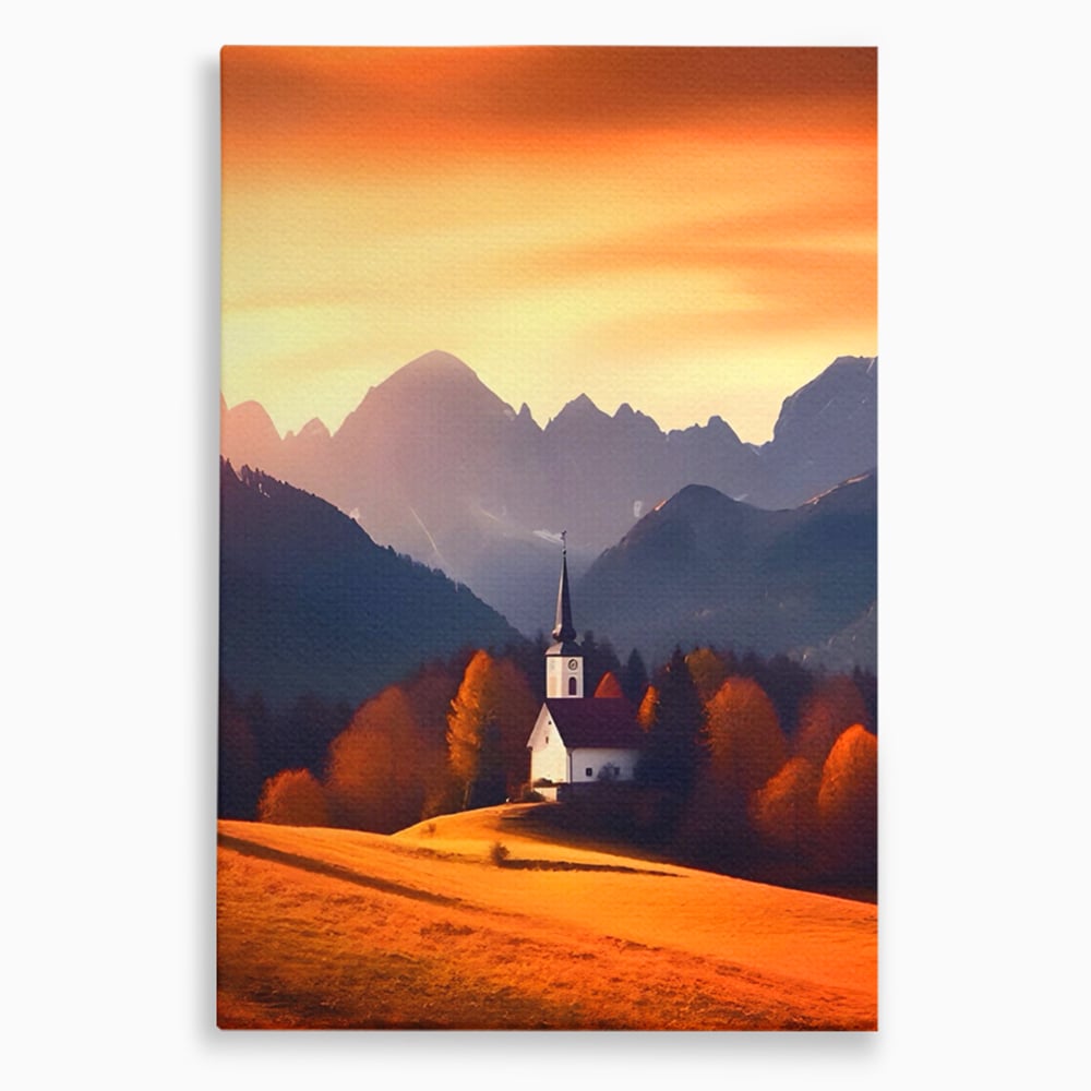 Tablou Canvas Premium LuxCanva® A1474, Biserica In Natura , Room, Padure, Campie, Apus, Liniste, Dormitor, Culori Vibrante