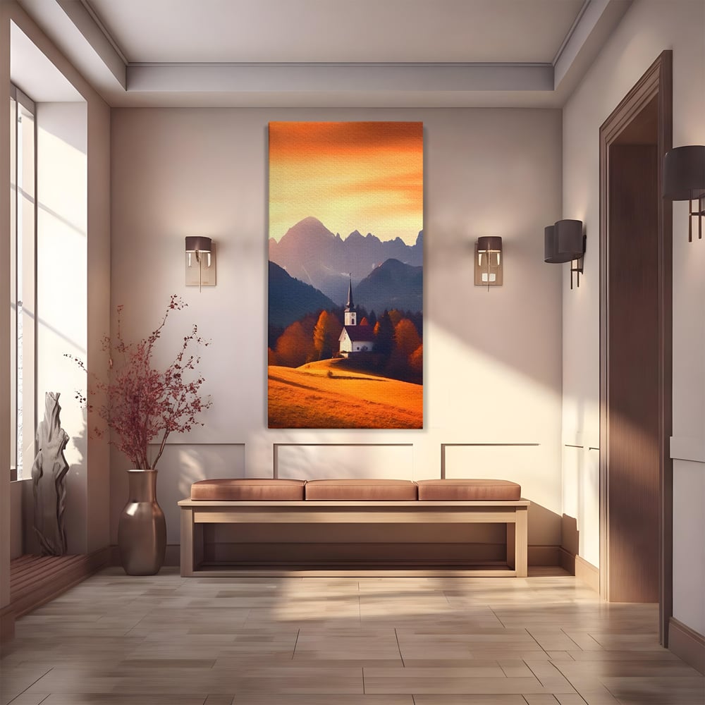 Tablou Canvas Premium LuxCanva® A1474, Biserica In Natura , Room, Padure, Campie, Apus, Liniste, Dormitor, Culori Vibrante