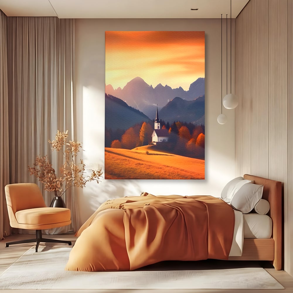 Tablou Canvas Premium LuxCanva® A1474, Biserica In Natura , Room, Padure, Campie, Apus, Liniste, Dormitor, Culori Vibrante