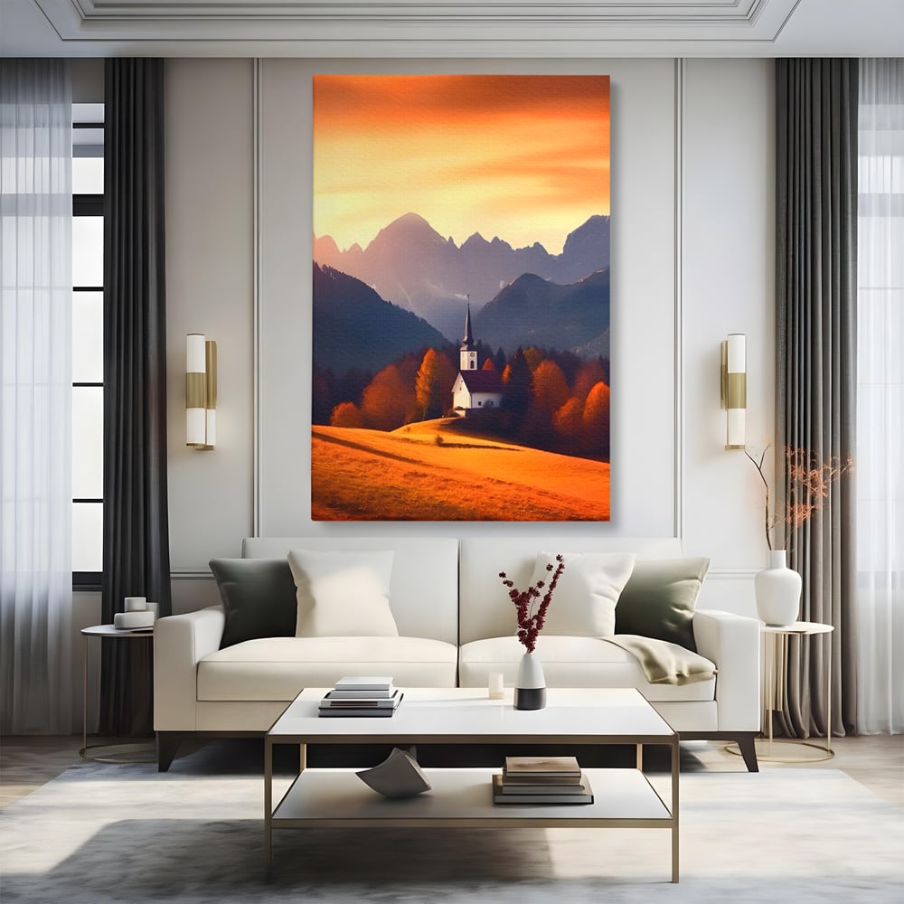 Tablou Canvas Premium LuxCanva® A1474, Biserica In Natura , Room, Padure, Campie, Apus, Liniste, Dormitor, Culori Vibrante