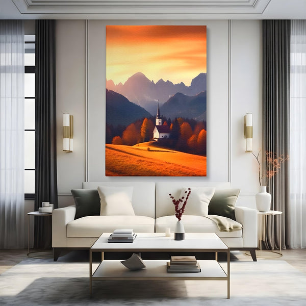 Tablou Canvas Premium LuxCanva® A1474, Biserica In Natura , Room, Padure, Campie, Apus, Liniste, Dormitor, Culori Vibrante