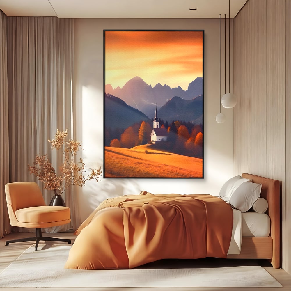Tablou Canvas Premium LuxCanva® A1474, Biserica In Natura , Room, Padure, Campie, Apus, Liniste, Dormitor, Culori Vibrante