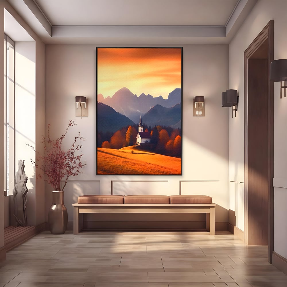 Tablou Canvas Premium LuxCanva® A1474, Biserica In Natura , Room, Padure, Campie, Apus, Liniste, Dormitor, Culori Vibrante