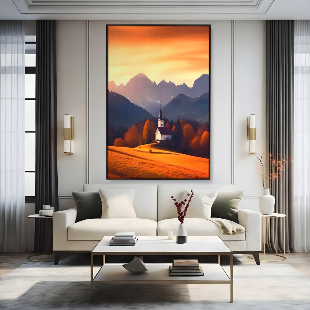 Tablou Canvas Premium LuxCanva® A1474, Biserica In Natura , Room, Padure, Campie, Apus, Liniste, Dormitor, Culori Vibrante