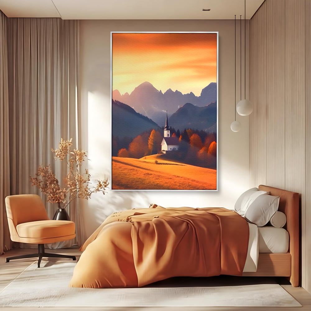 Tablou Canvas Premium LuxCanva® A1474, Biserica In Natura , Room, Padure, Campie, Apus, Liniste, Dormitor, Culori Vibrante