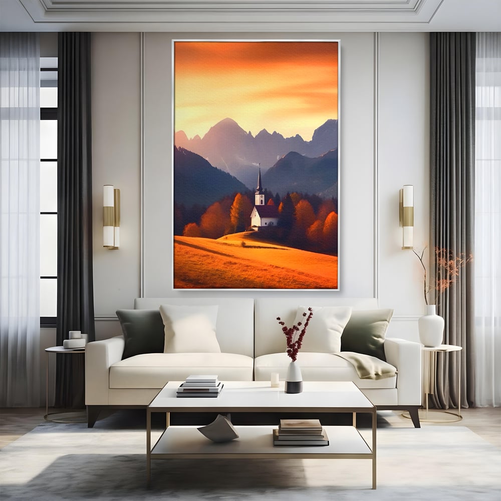 Tablou Canvas Premium LuxCanva® A1474, Biserica In Natura , Room, Padure, Campie, Apus, Liniste, Dormitor, Culori Vibrante