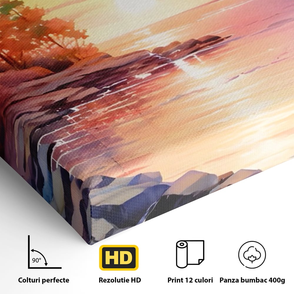Tablou Canvas Premium LuxCanva® A1480, Picaturi De Apus , Living, Peisaj, Copaci, Stanci, Apa, Room, Culori Vibrante