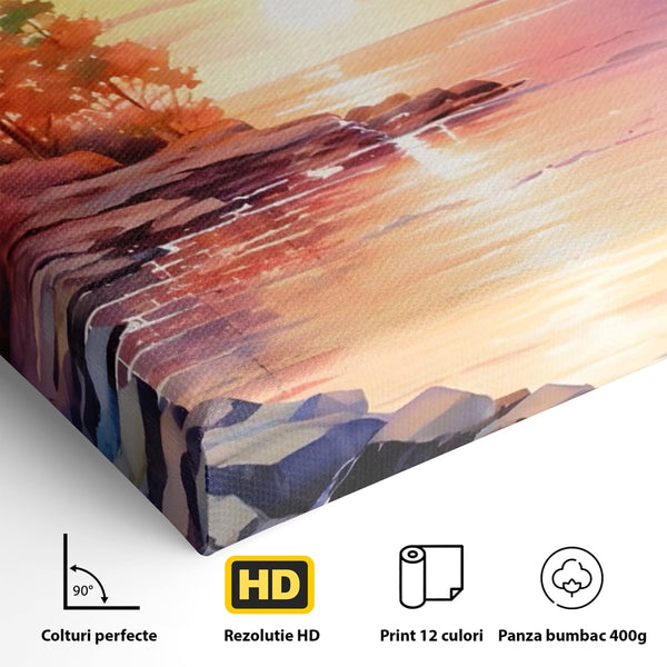 Tablou Canvas Premium LuxCanva® A1480, Picaturi De Apus , Living, Peisaj, Copaci, Stanci, Apa, Room, Culori Vibrante