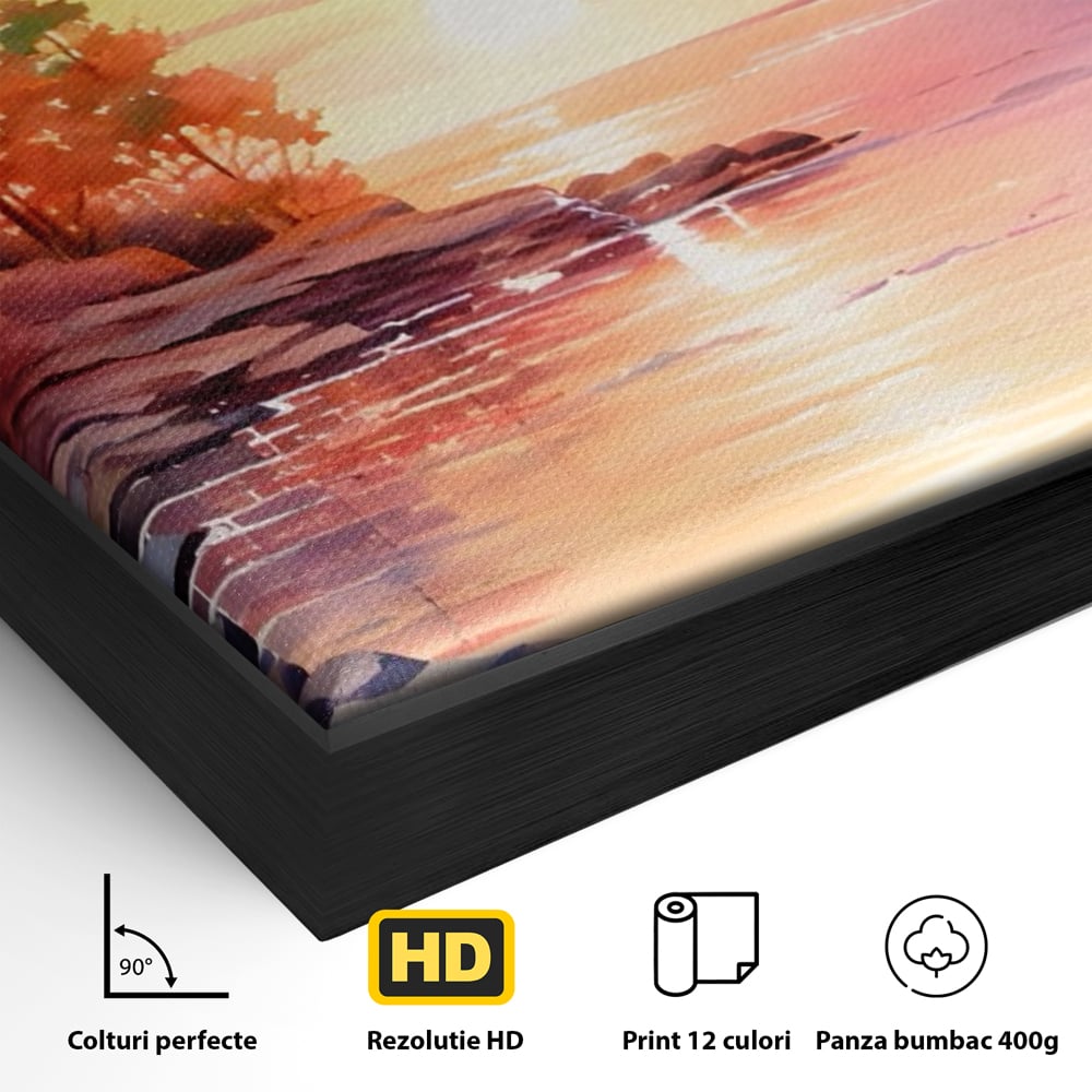 Tablou Canvas Premium LuxCanva® A1480, Picaturi De Apus , Living, Peisaj, Copaci, Stanci, Apa, Room, Culori Vibrante