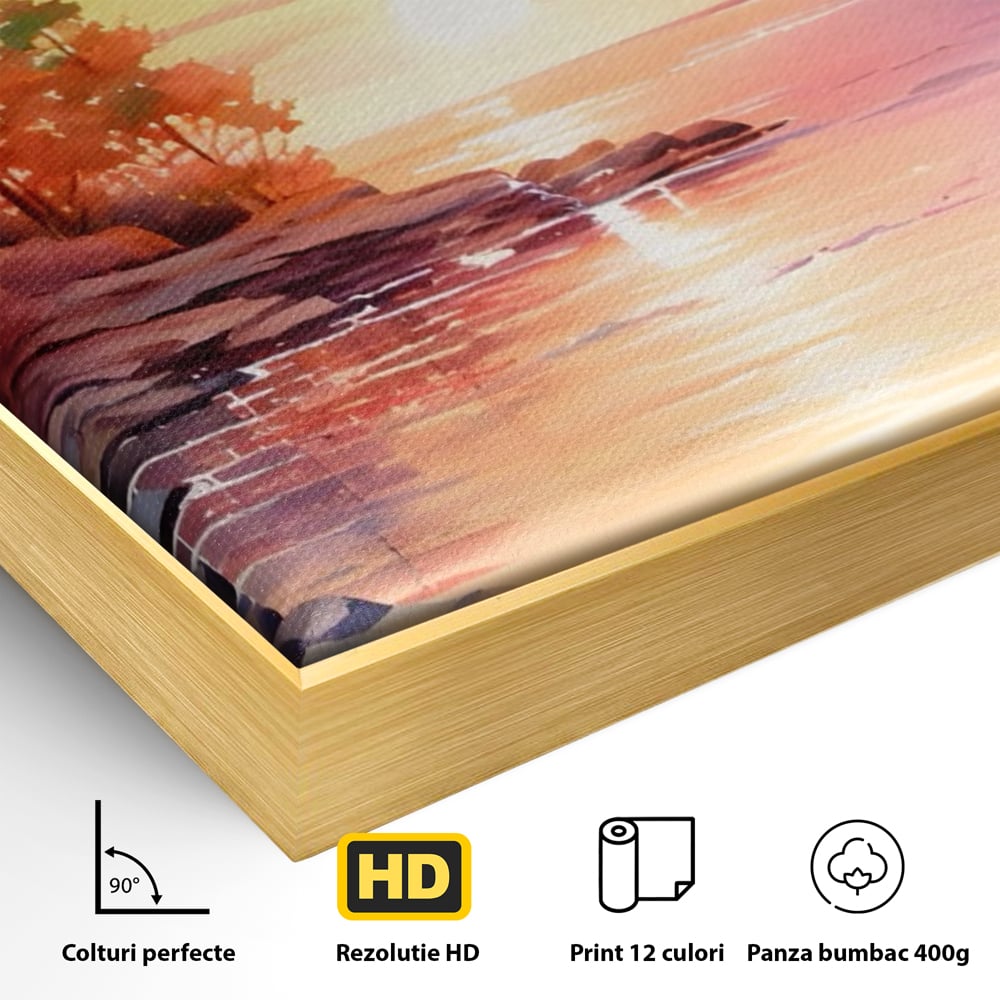 Tablou Canvas Premium LuxCanva® A1480, Picaturi De Apus , Living, Peisaj, Copaci, Stanci, Apa, Room, Culori Vibrante
