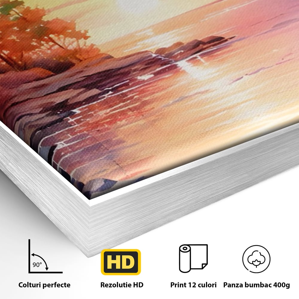 Tablou Canvas Premium LuxCanva® A1480, Picaturi De Apus , Living, Peisaj, Copaci, Stanci, Apa, Room, Culori Vibrante