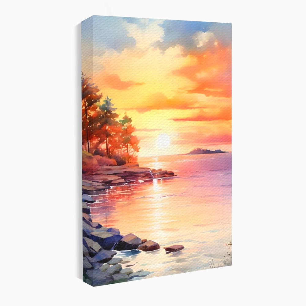 Tablou Canvas Premium LuxCanva® A1480, Picaturi De Apus , Living, Peisaj, Copaci, Stanci, Apa, Room, Culori Vibrante
