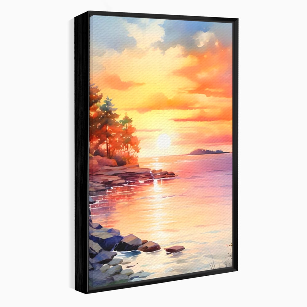 Tablou Canvas Premium LuxCanva® A1480, Picaturi De Apus , Living, Peisaj, Copaci, Stanci, Apa, Room, Culori Vibrante