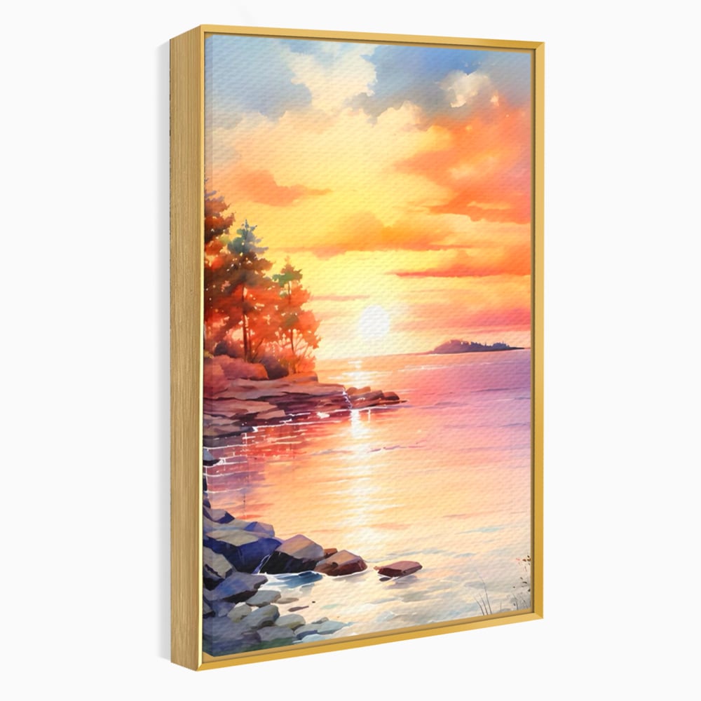 Tablou Canvas Premium LuxCanva® A1480, Picaturi De Apus , Living, Peisaj, Copaci, Stanci, Apa, Room, Culori Vibrante
