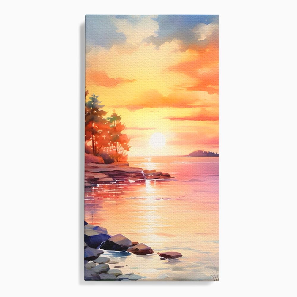 Tablou Canvas Premium LuxCanva® A1480, Picaturi De Apus , Living, Peisaj, Copaci, Stanci, Apa, Room, Culori Vibrante