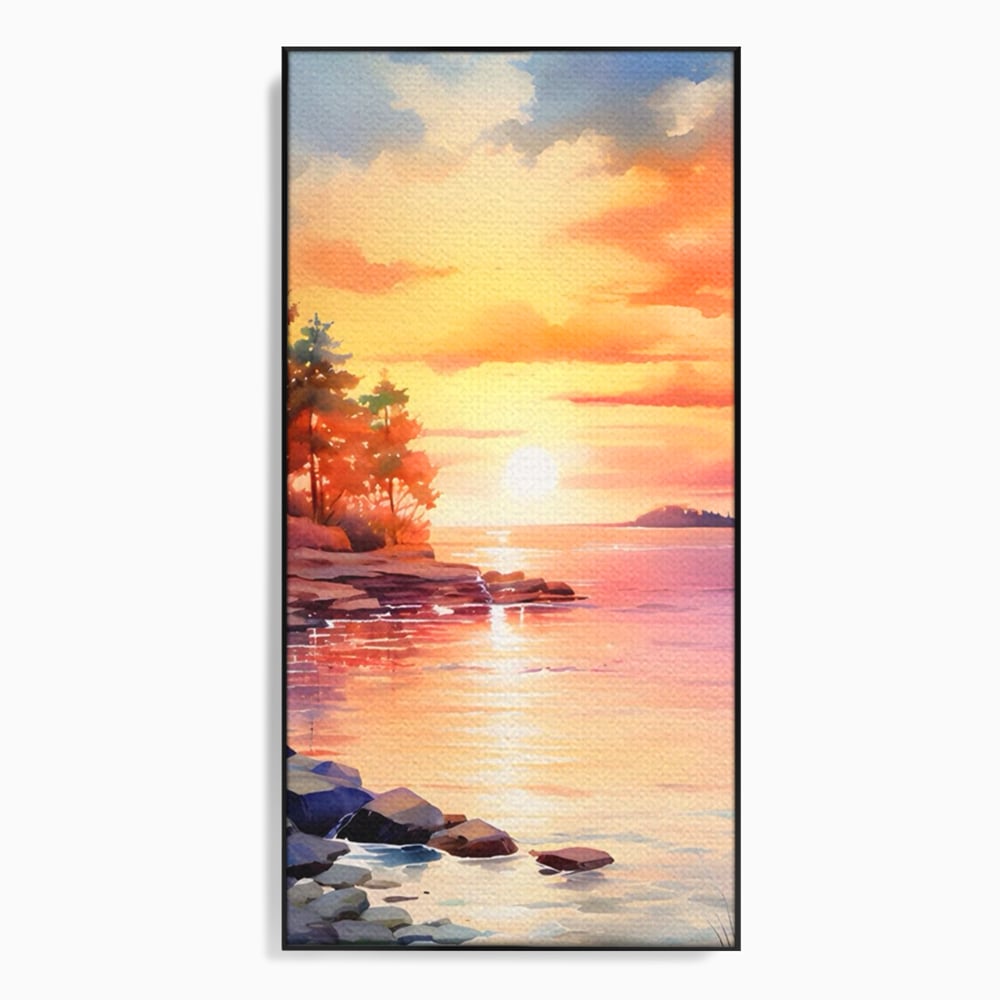 Tablou Canvas Premium LuxCanva® A1480, Picaturi De Apus , Living, Peisaj, Copaci, Stanci, Apa, Room, Culori Vibrante