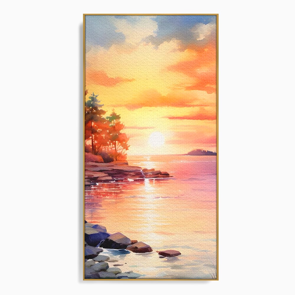 Tablou Canvas Premium LuxCanva® A1480, Picaturi De Apus , Living, Peisaj, Copaci, Stanci, Apa, Room, Culori Vibrante