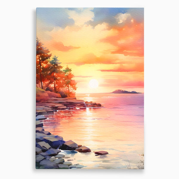 Tablou Canvas Premium LuxCanva® A1480, Picaturi De Apus , Living, Peisaj, Copaci, Stanci, Apa, Room, Culori Vibrante