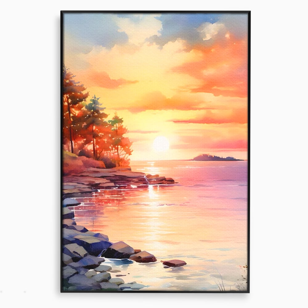 Tablou Canvas Premium LuxCanva® A1480, Picaturi De Apus , Living, Peisaj, Copaci, Stanci, Apa, Room, Culori Vibrante