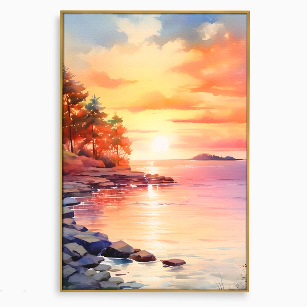 Tablou Canvas Premium LuxCanva® A1480, Picaturi De Apus , Living, Peisaj, Copaci, Stanci, Apa, Room, Culori Vibrante