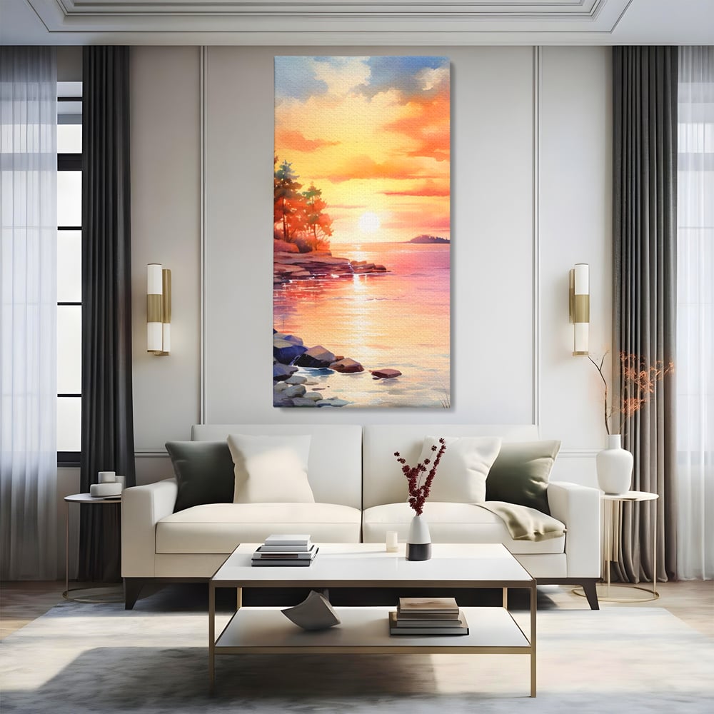 Tablou Canvas Premium LuxCanva® A1480, Picaturi De Apus , Living, Peisaj, Copaci, Stanci, Apa, Room, Culori Vibrante