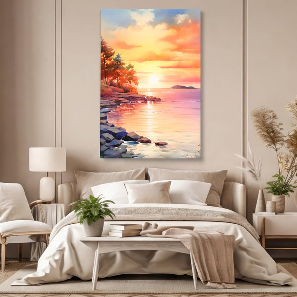 Tablou Canvas Premium LuxCanva® A1480, Picaturi De Apus , Living, Peisaj, Copaci, Stanci, Apa, Room, Culori Vibrante