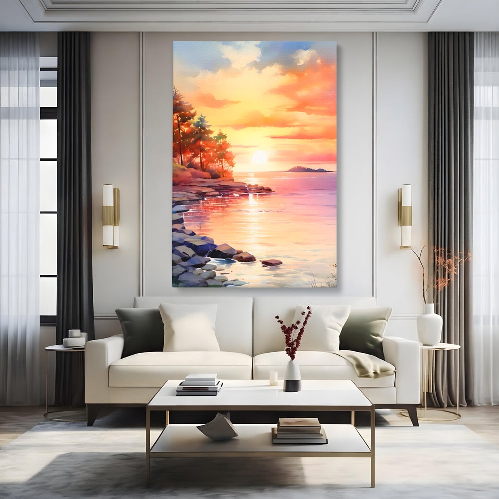 Tablou Canvas Premium LuxCanva® A1480, Picaturi De Apus , Living, Peisaj, Copaci, Stanci, Apa, Room, Culori Vibrante