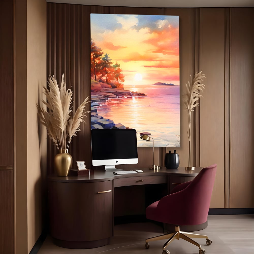 Tablou Canvas Premium LuxCanva® A1480, Picaturi De Apus , Living, Peisaj, Copaci, Stanci, Apa, Room, Culori Vibrante