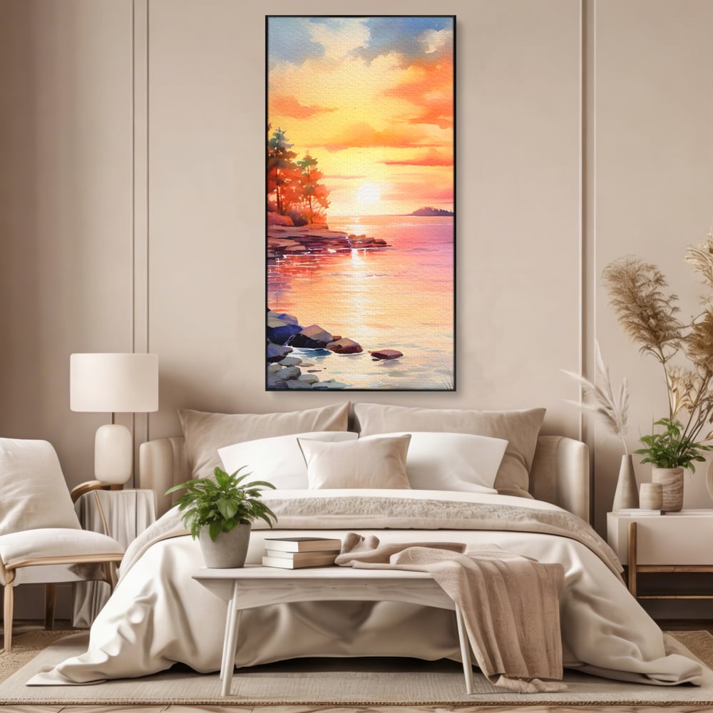 Tablou Canvas Premium LuxCanva® A1480, Picaturi De Apus , Living, Peisaj, Copaci, Stanci, Apa, Room, Culori Vibrante