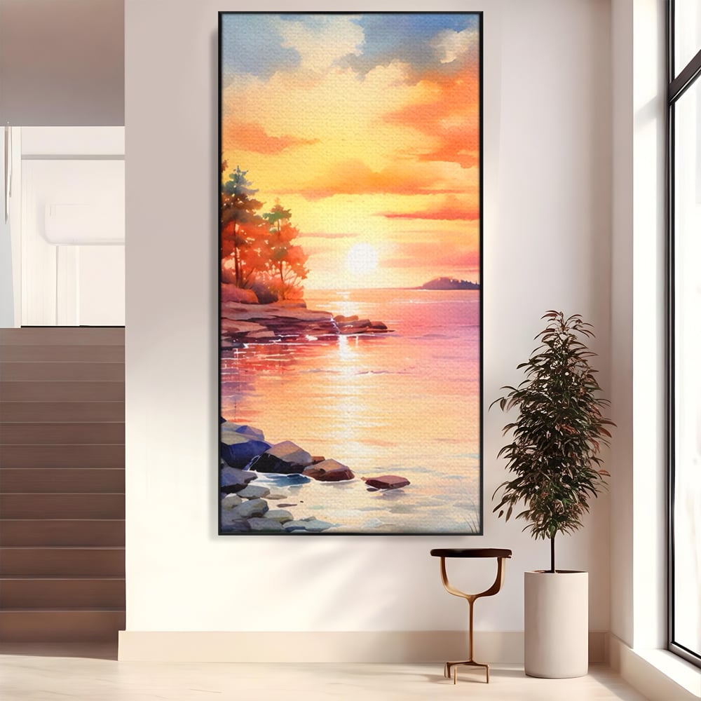 Tablou Canvas Premium LuxCanva® A1480, Picaturi De Apus , Living, Peisaj, Copaci, Stanci, Apa, Room, Culori Vibrante