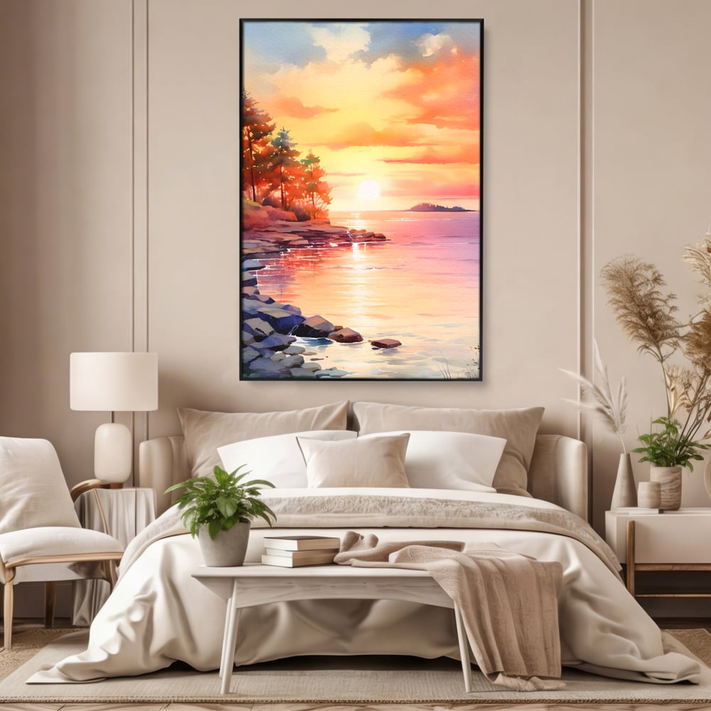 Tablou Canvas Premium LuxCanva® A1480, Picaturi De Apus , Living, Peisaj, Copaci, Stanci, Apa, Room, Culori Vibrante