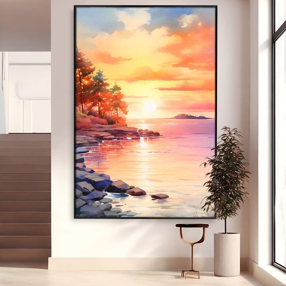 Tablou Canvas Premium LuxCanva® A1480, Picaturi De Apus , Living, Peisaj, Copaci, Stanci, Apa, Room, Culori Vibrante
