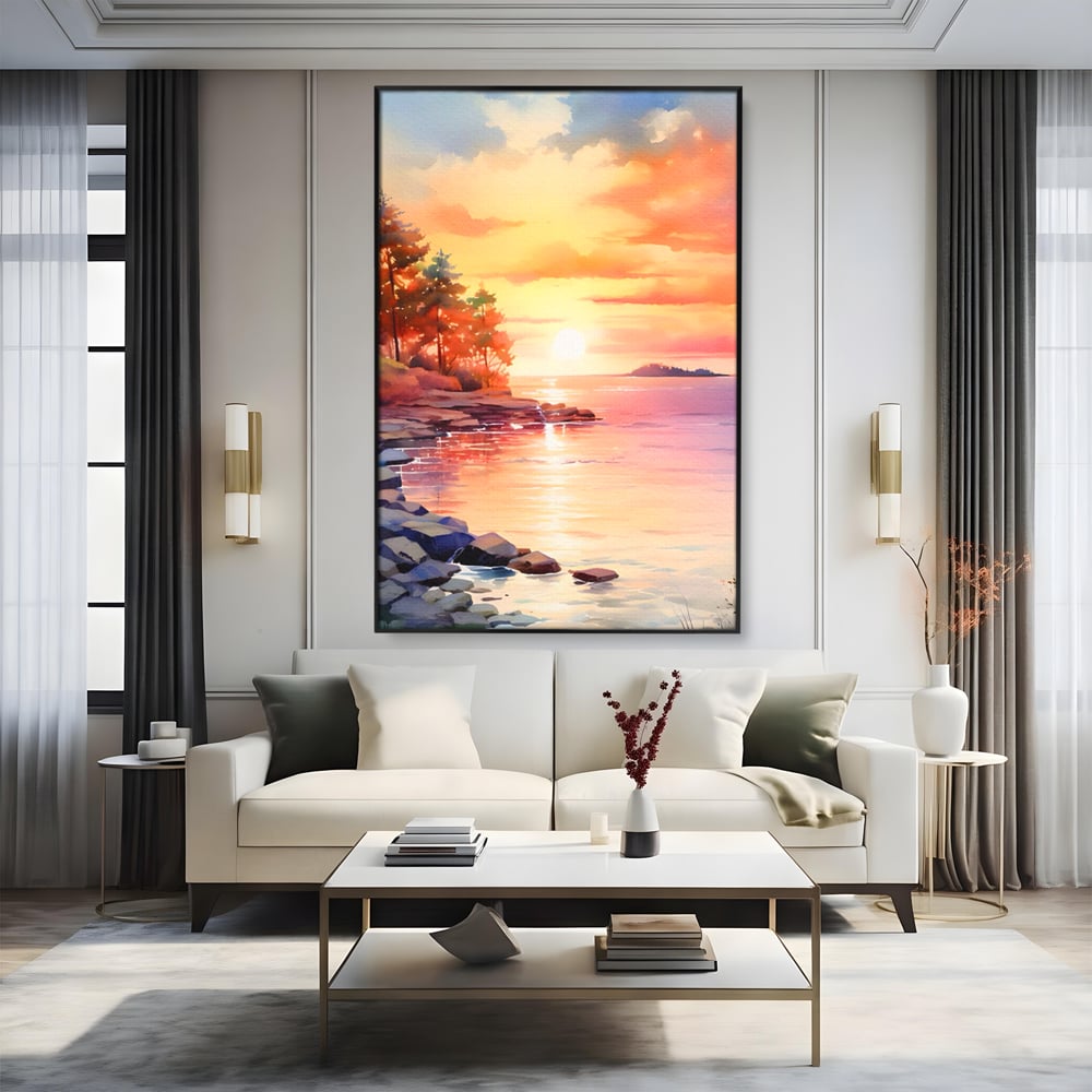 Tablou Canvas Premium LuxCanva® A1480, Picaturi De Apus , Living, Peisaj, Copaci, Stanci, Apa, Room, Culori Vibrante