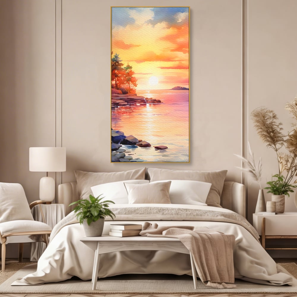 Tablou Canvas Premium LuxCanva® A1480, Picaturi De Apus , Living, Peisaj, Copaci, Stanci, Apa, Room, Culori Vibrante