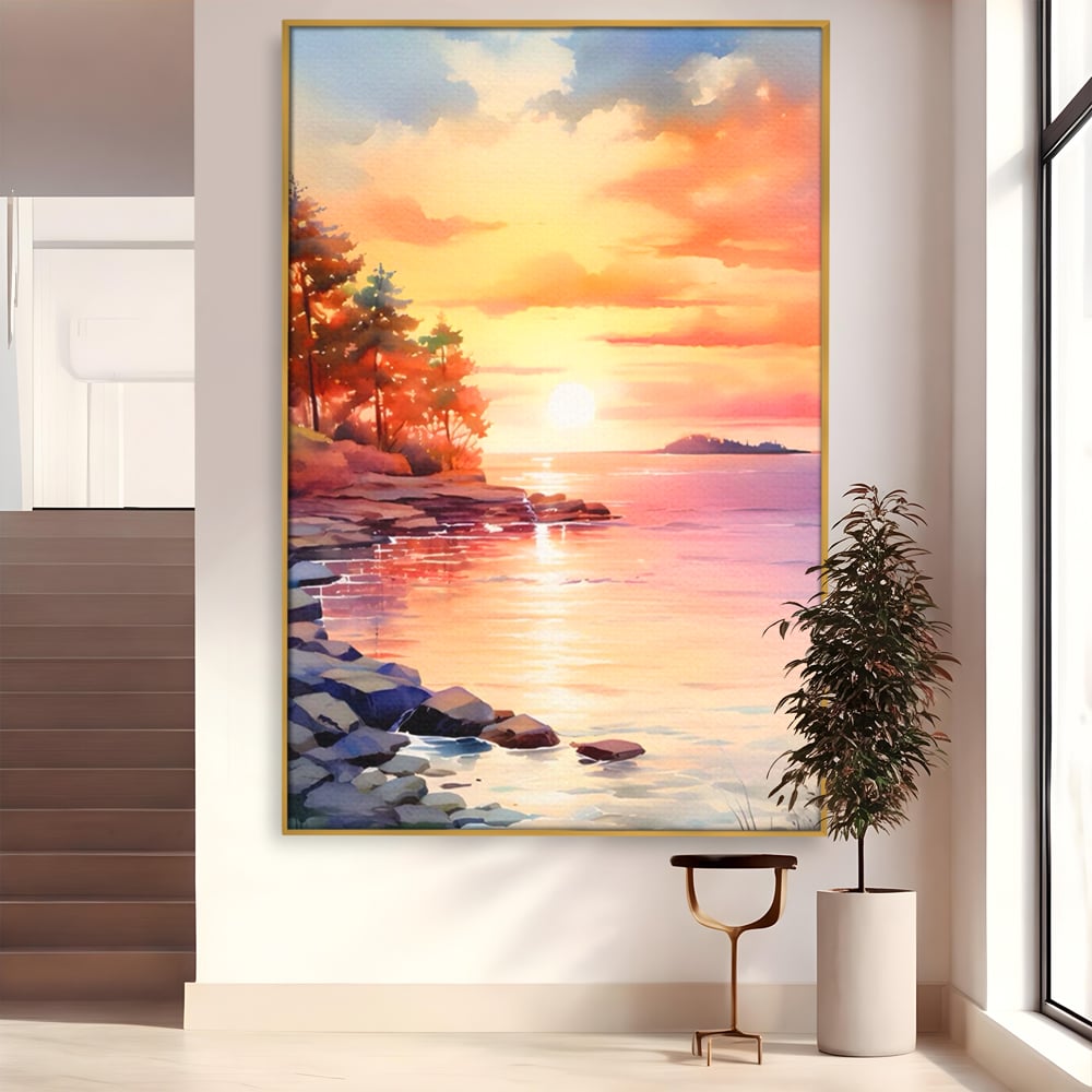 Tablou Canvas Premium LuxCanva® A1480, Picaturi De Apus , Living, Peisaj, Copaci, Stanci, Apa, Room, Culori Vibrante