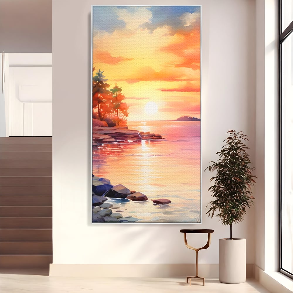 Tablou Canvas Premium LuxCanva® A1480, Picaturi De Apus , Living, Peisaj, Copaci, Stanci, Apa, Room, Culori Vibrante